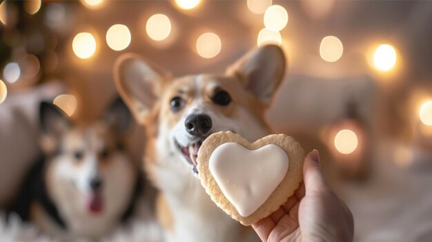 Photo cute dog and gingerbread heart in hand love and friendship between dog and human