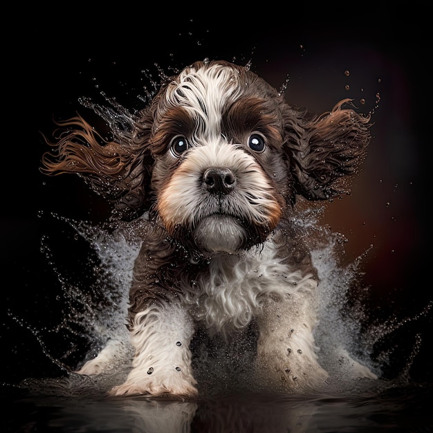 A cute dog is running on the wet floor There is water splashing Generative Ai