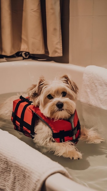 Cute dog laying in bathtub