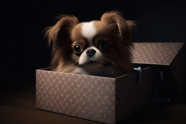 Cute dog looking out from gift box Pet as present Generative AI