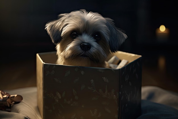 Cute dog looking out from gift box Pet as present Generative AI