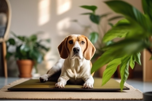 Cute dog lying on cooling mat in hot day at home AI Generated