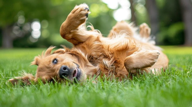 A cute dog lying on its back in the grass playfully pawing at the air and showing off its fluffy belly