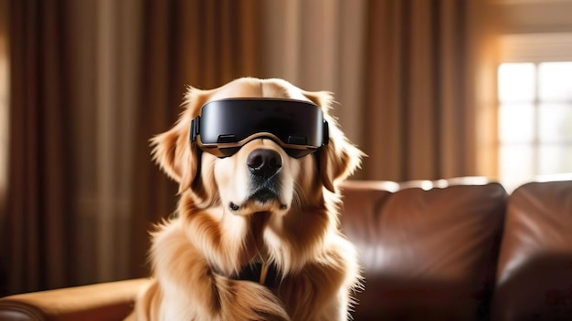 Cute dog pet wearing VR goggles AR headset Canine animal in virtual reality gear