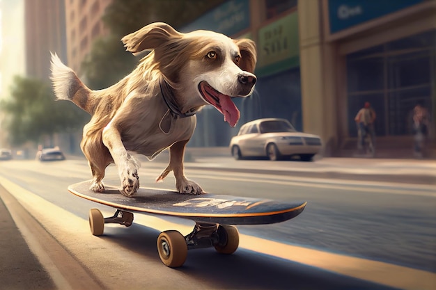 Cute dog playing skateboard on the road