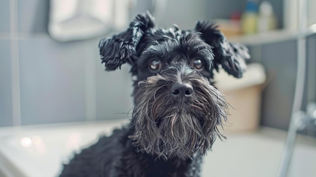 Cute dog portrait black schnauzer mini featuring their keen sense of smell and gentle temperament focus on face bathroom background