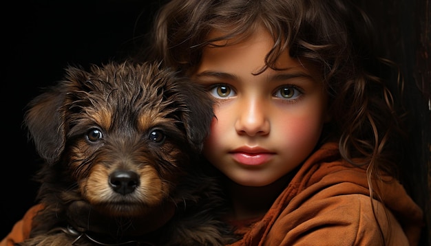 Cute dog portrait child embracing puppy smiling looking at camera generated by artificial intelligence