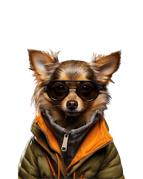 cute dog portrait posing like a model wearing a jacket and glasses isolated on a white background