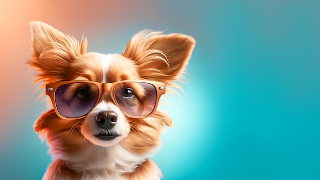 Cute dog puppy is wearing sunglasses on gradient background with copy space