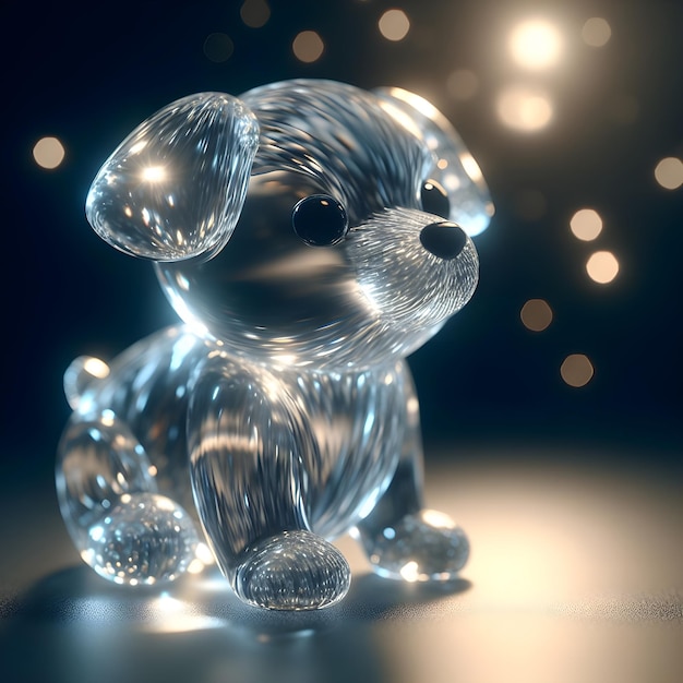 a cute dog sculpted entirely from glistening glass crystal