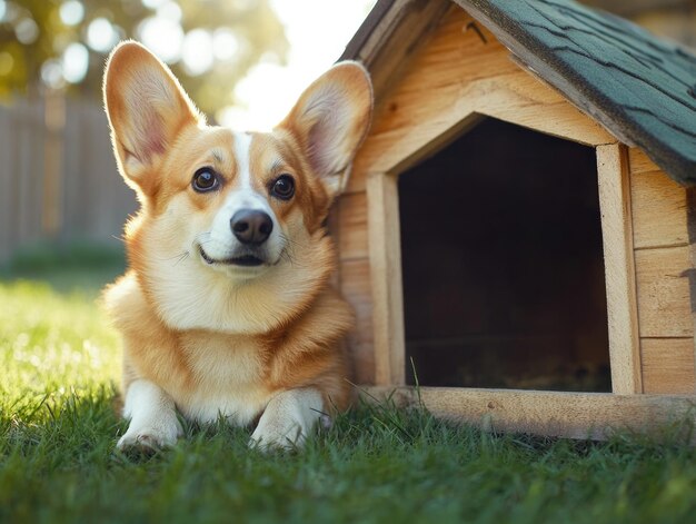 Cute Dog Sitting in Front of a Miniature House