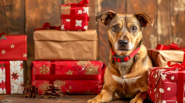 Photo cute dog sitting with wrapped gift boxes on red background concept of holiday pet presents celebration christmas