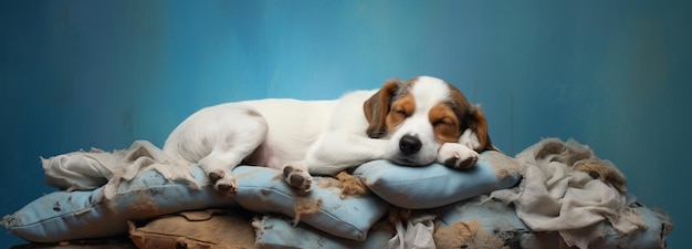 Cute dog sleeping on pillows banner generative AI