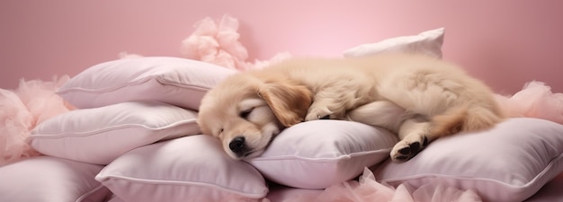 Cute dog sleeping on pillows banner generative AI