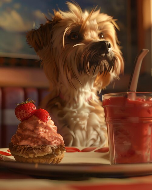 Cute dog staring at dessert with whipped cream and strawberry shake