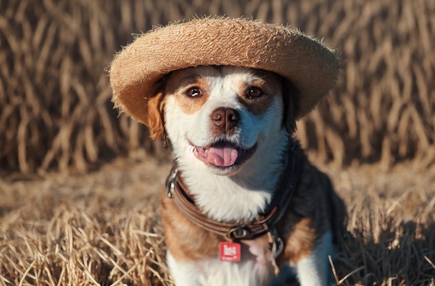 Cute dog in straw hat Happy farm dog in countryside Generative AI