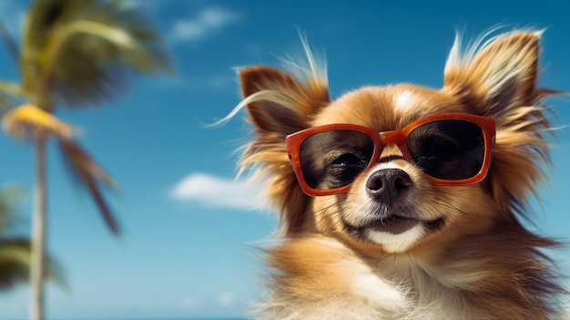 Cute dog in sunglasses funny pet summer background