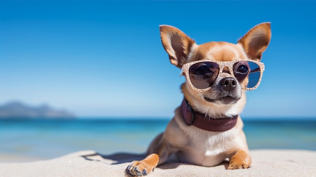 Cute dog in sunglasses funny pet summer background