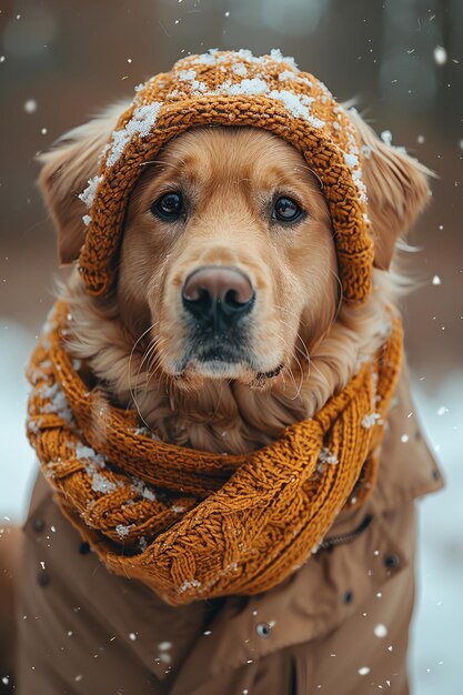 Photo cute dog in a warm winter coat and hat snowy backdrop soft bokeh lights front view