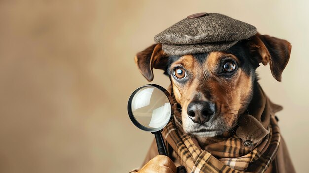 A cute dog wearing a brown tweed cap and a plaid scarf is holding a magnifying glass The dog is looking at the camera with a curious expression