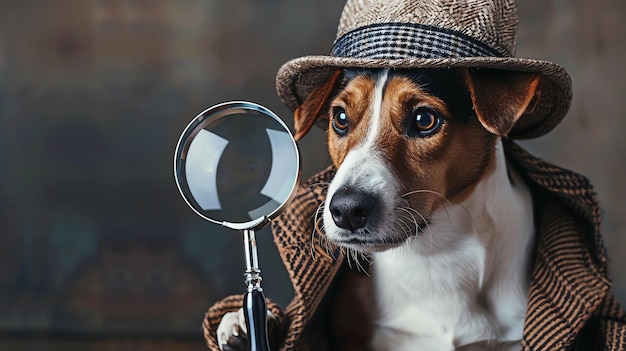 A cute dog wearing a brown tweed coat and a brown tweed hat with a plaid pattern is holding a magnifying glass with its paw