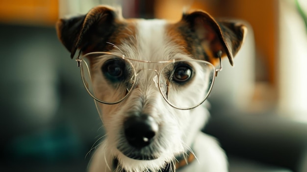 A cute dog wearing glasses looking directly at the camera with an inquisitive expression bringing smiles with its adorable appearance