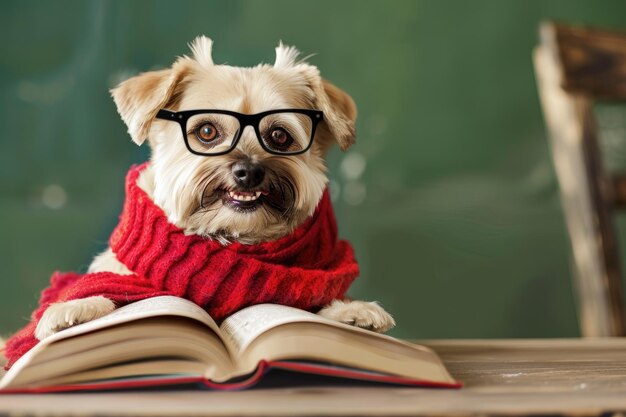 Photo cute dog wearing glasses with opened book and red scarf reading book on green background smiling