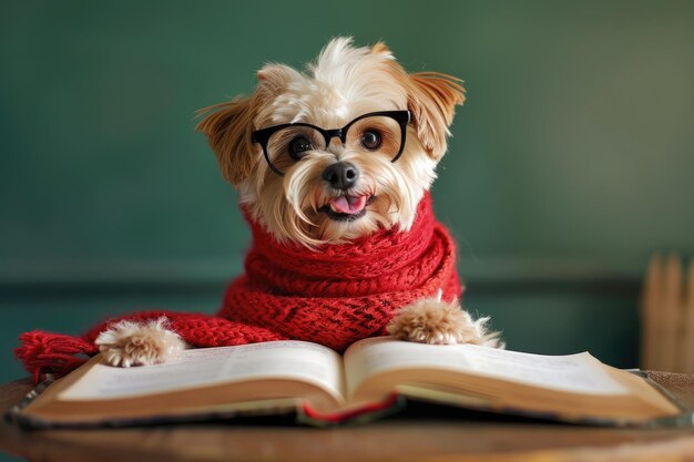 Photo cute dog wearing glasses with opened book and red scarf reading book on green background smiling