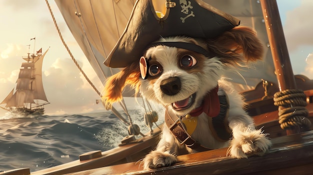 Photo a cute dog wearing a pirate hat and eyepatch looks out from a ship at sea