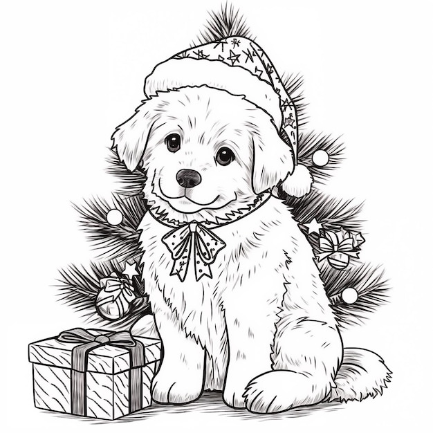 Cute Dog Wearing Santa Hat Under Christmas Tree