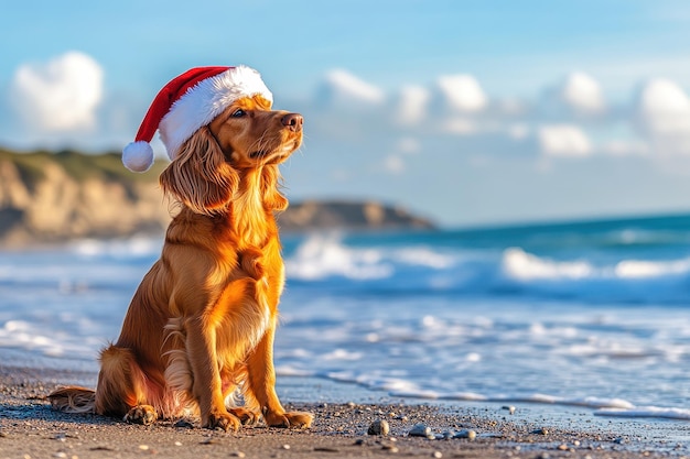 Photo cute dog wearing santa hat enjoying beach on summer vacation