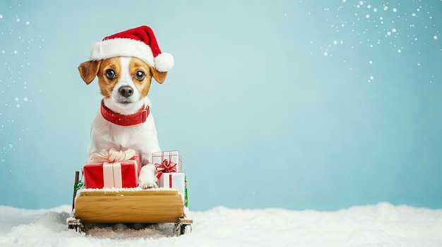 Photo a cute dog wearing a santa hat sitting on a sled with wrapped christmas gifts in a snowy scene