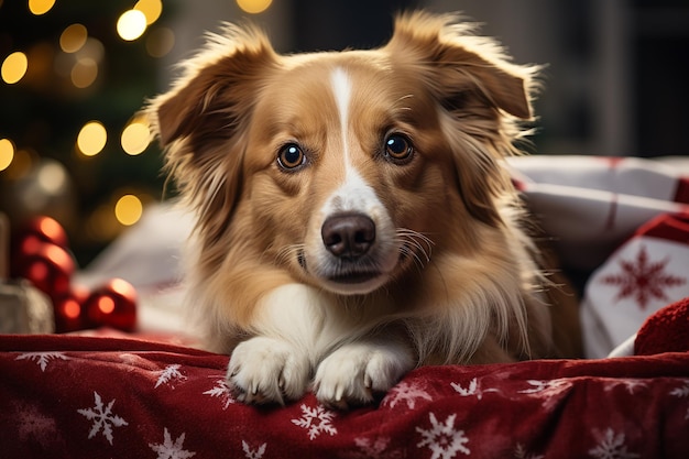 Photo cute dog wearing santa hat with christmas gifts wallpaper background