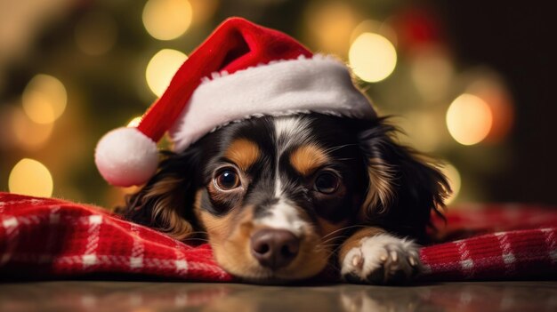 Cute dog wearing a santa hat