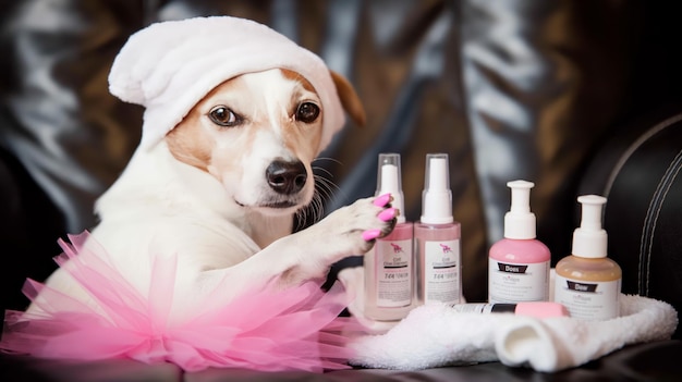 Photo cute dog wearing a towel and tutu enjoying spa day with beauty products perfect for pet care and grooming themes