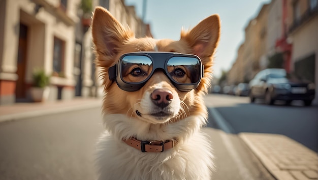 Cute dog wearing virtual reality glasses on the street