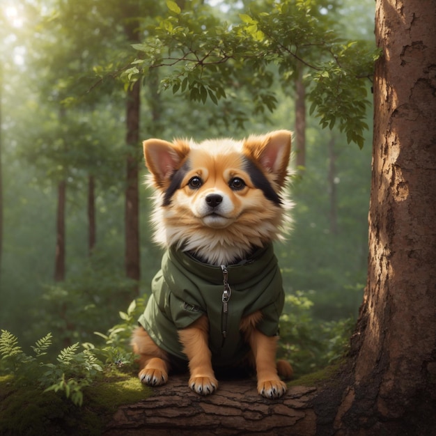 Cute dog with forest and live in a tree