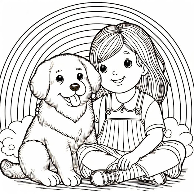 Cute dog with girl coloring page ai generated