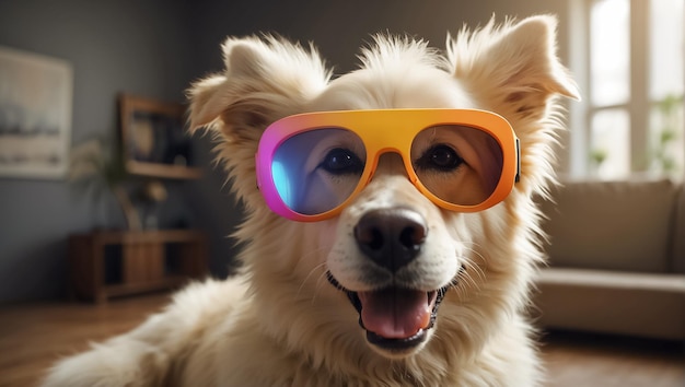 Cute dog with glasses at home