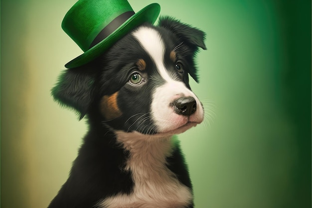 Cute Dog with Green St Patrick's Day Hat on blurred colored background Generative AI