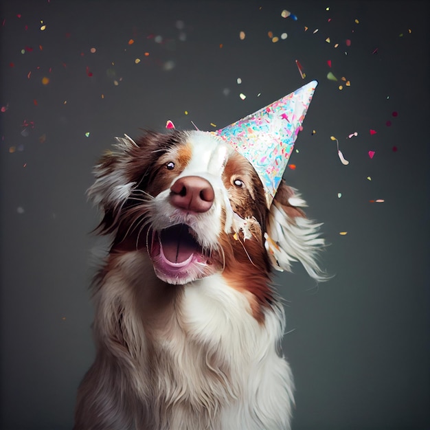 Cute dog with a party hat celebrating her birthday confetti falling Generate Ai