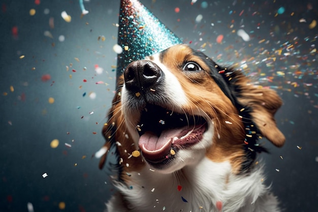 Cute dog with a party hat celebrating her birthday confetti falling Generate Ai