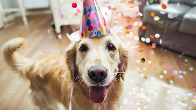 Cute dog with a party hat celebrating her birthday