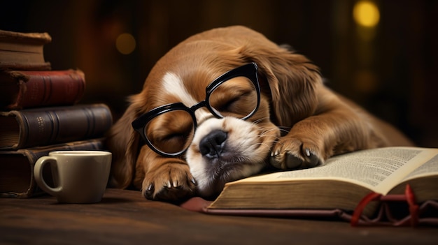 Cute dog with reading glasses fell asleep at the table