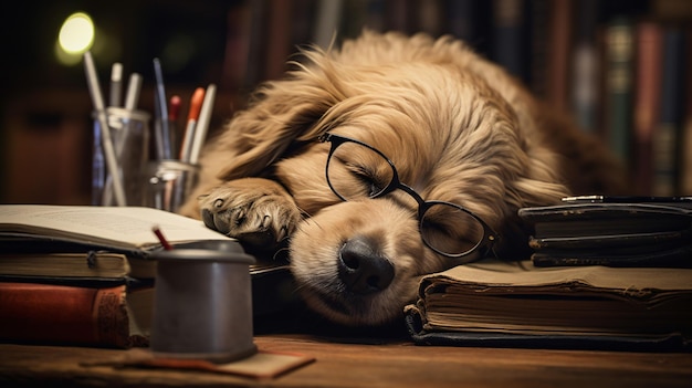 Cute dog with reading glasses fell asleep