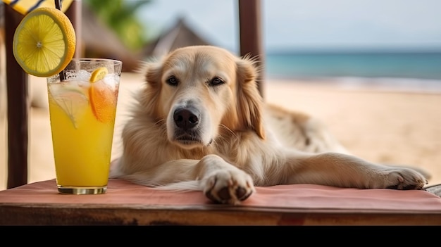 Cute dog with summer cocktail Illustration AI GenerativexA