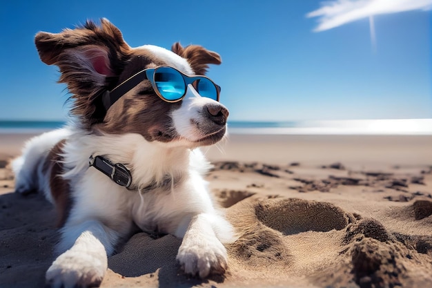 Cute dog with sunglasses on the beach Travel and vacation concept Generative AI