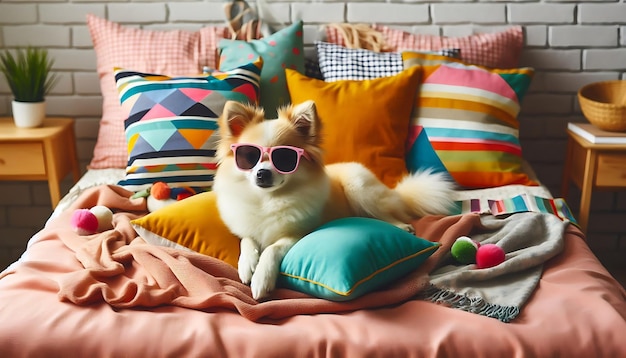 Cute Dog with Sunglasses Lounging on Bed with Colorful Pillows and Blankets