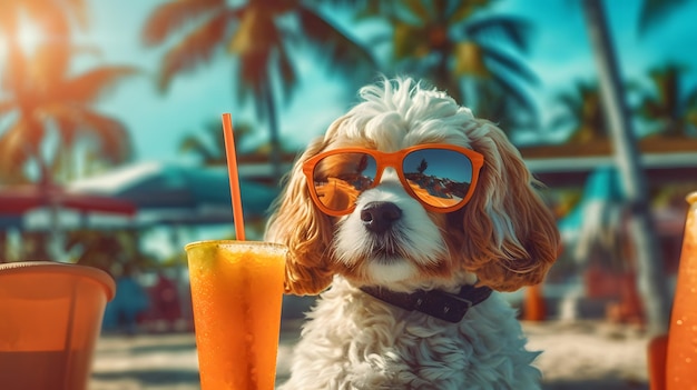 Cute dog with sunglasses and orange juice on the beach in summer