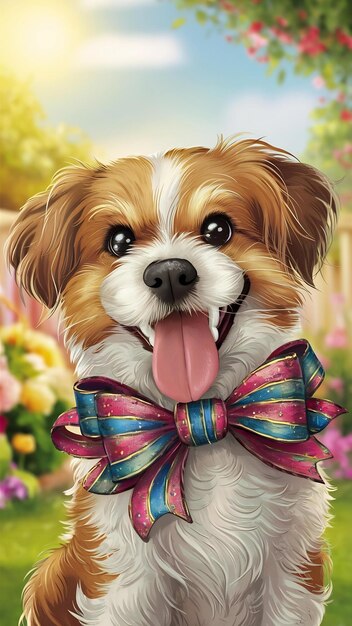 Cute dog with tongue out and bow